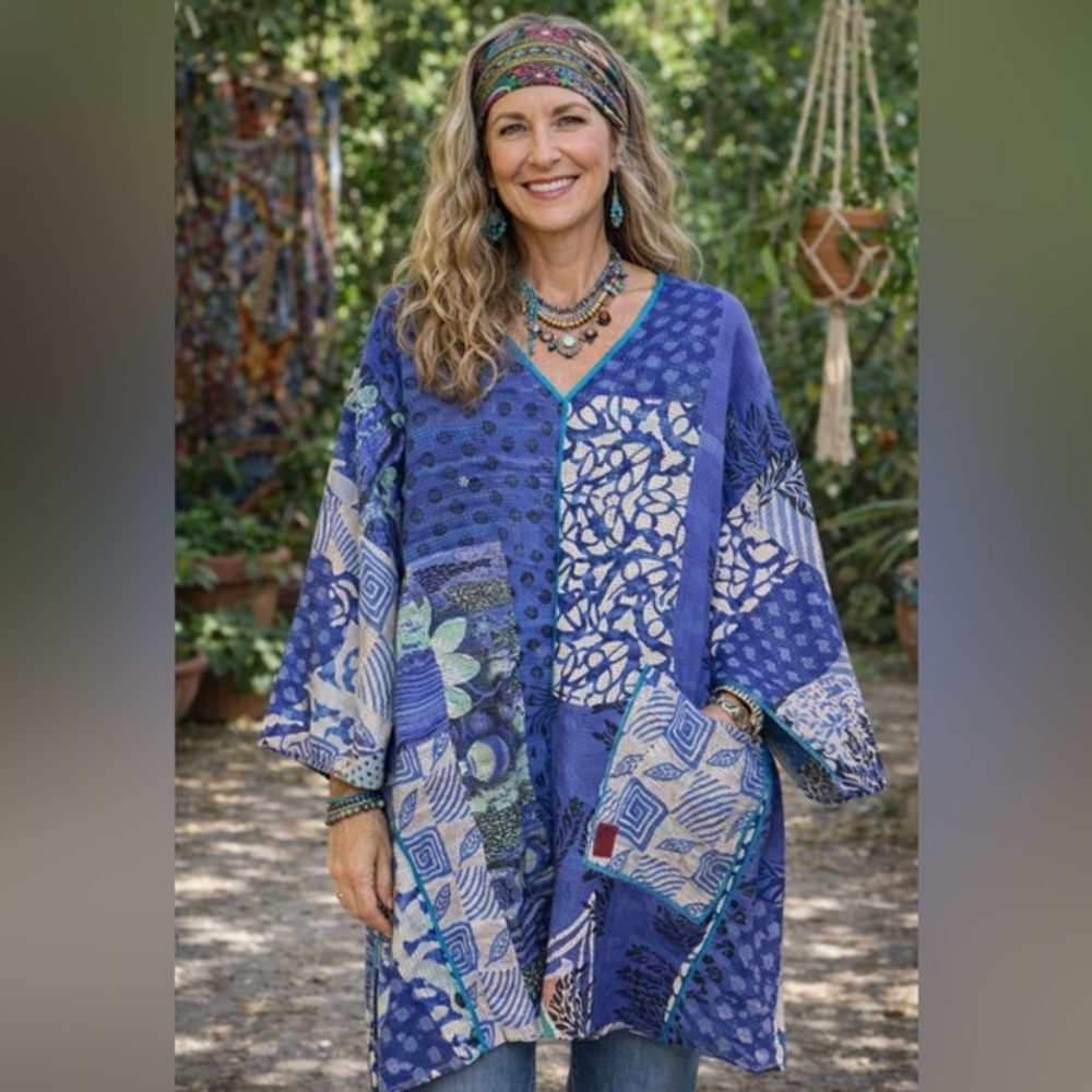 MIEKO Blue White Embroidered Stitched Reversible Kaftan  Bohemian Kantha Sz M